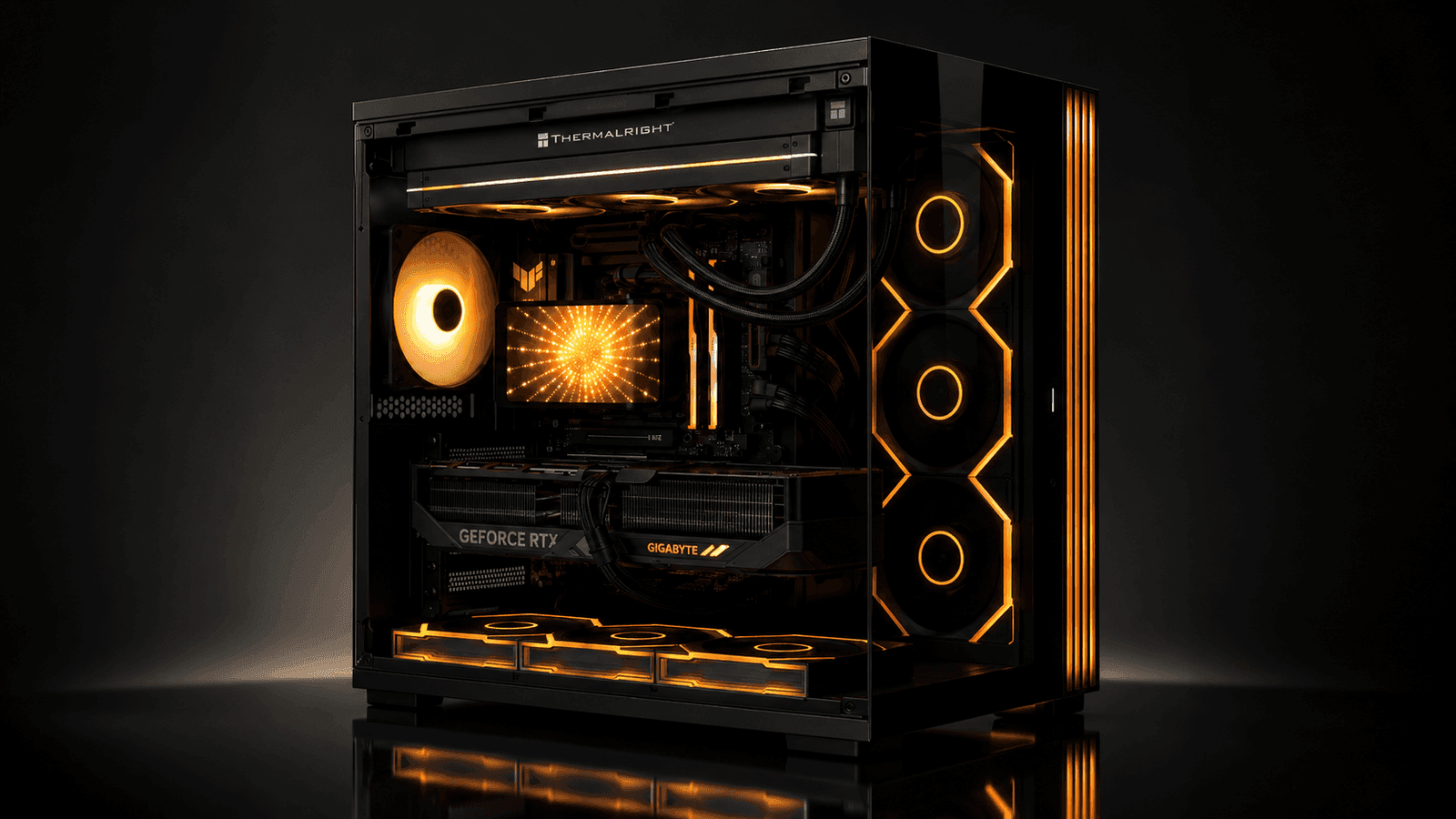 TRON Program PC Build with a black chassis and orange internal lighting